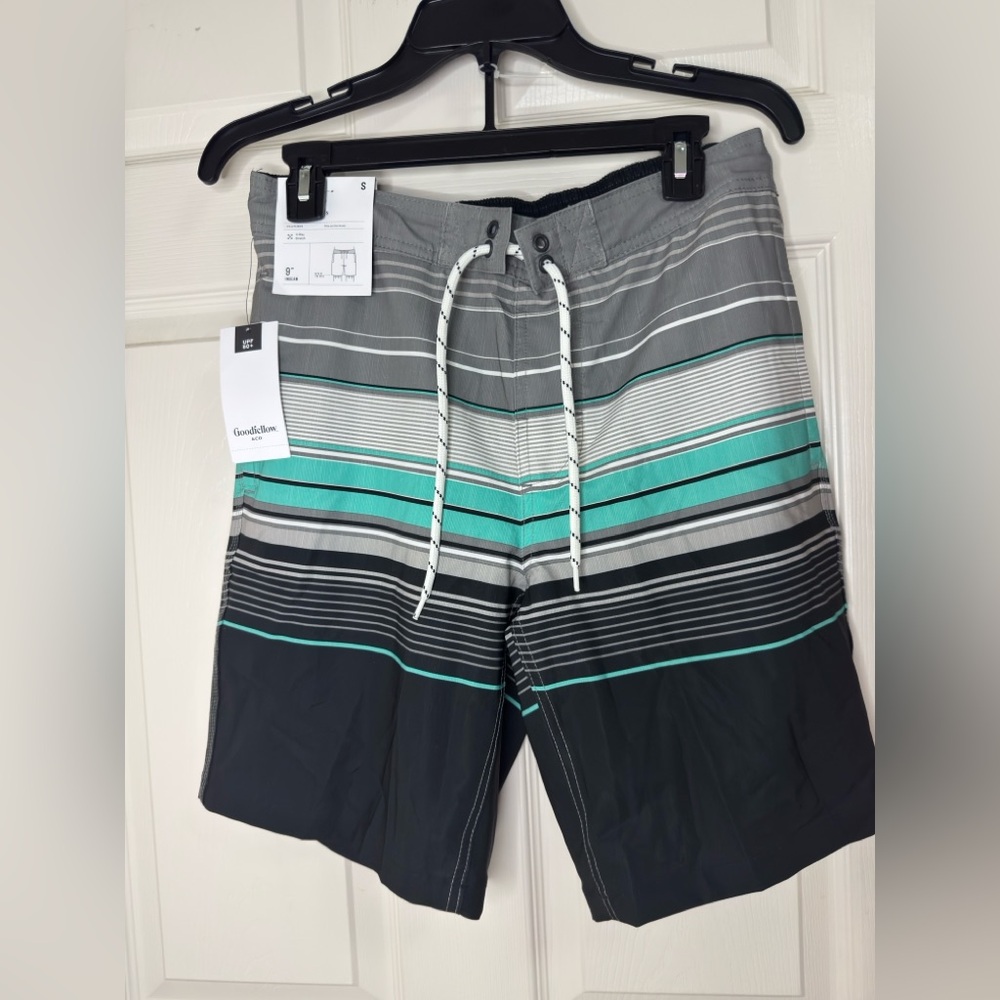 Goodfellow & Co Men's Striped Swim Trunks - Gray and Green